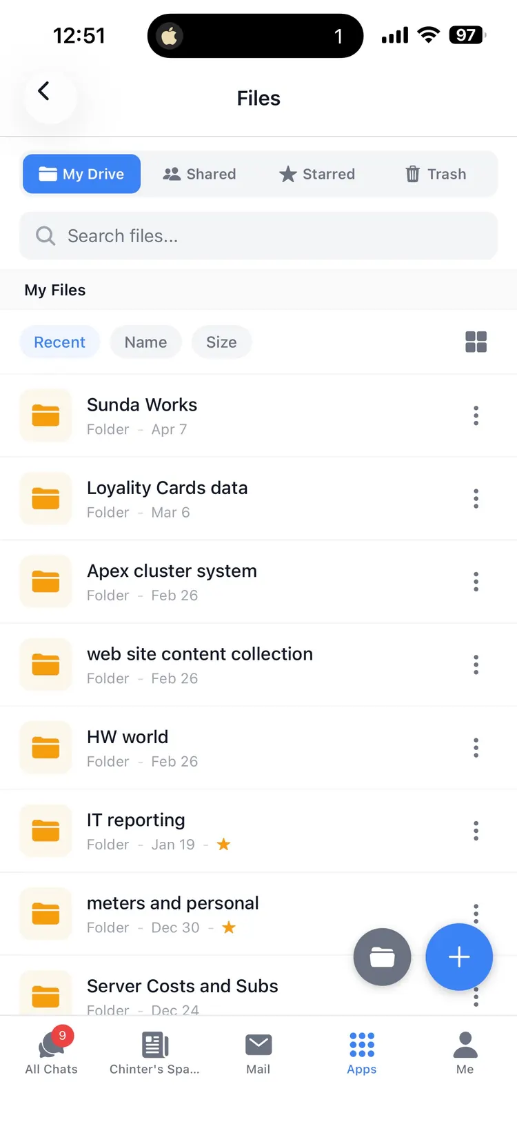 APEX ERP mobile app — Files & Drive