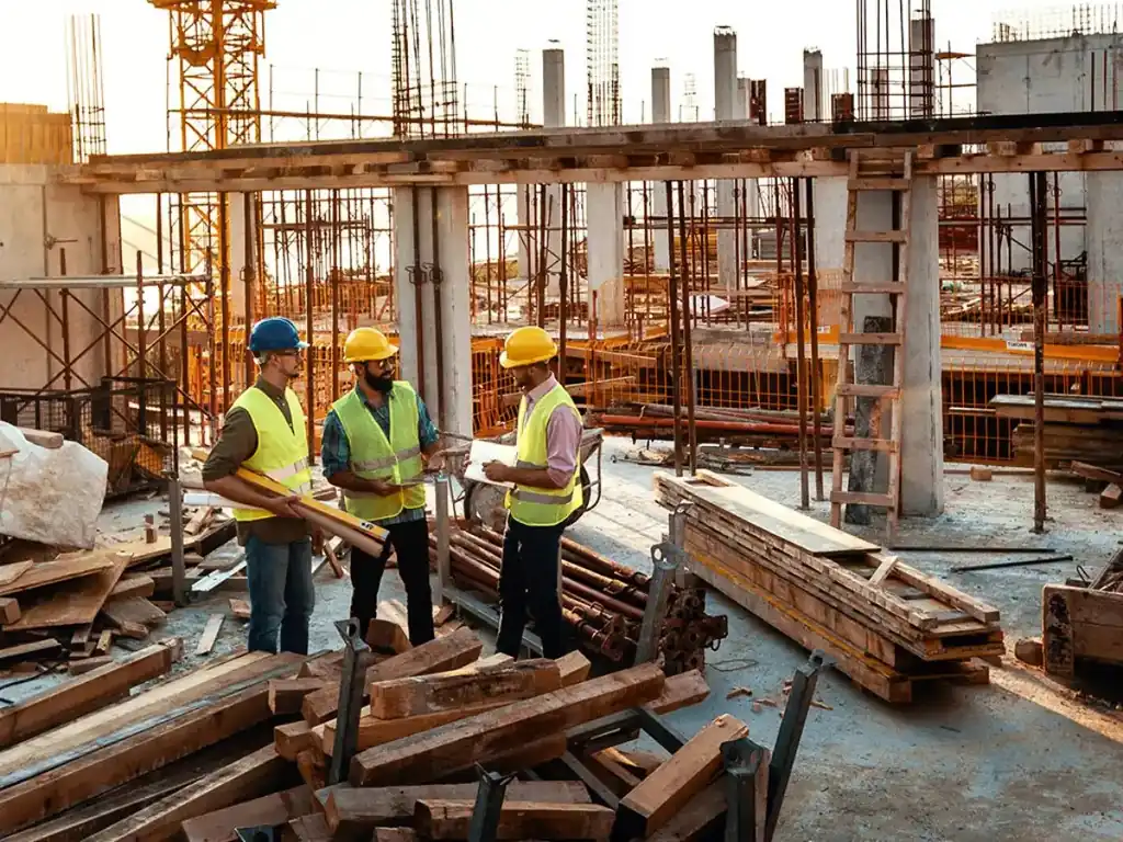 Site engineers in hi-vis vests and hard hats reviewing plans on an active construction site.