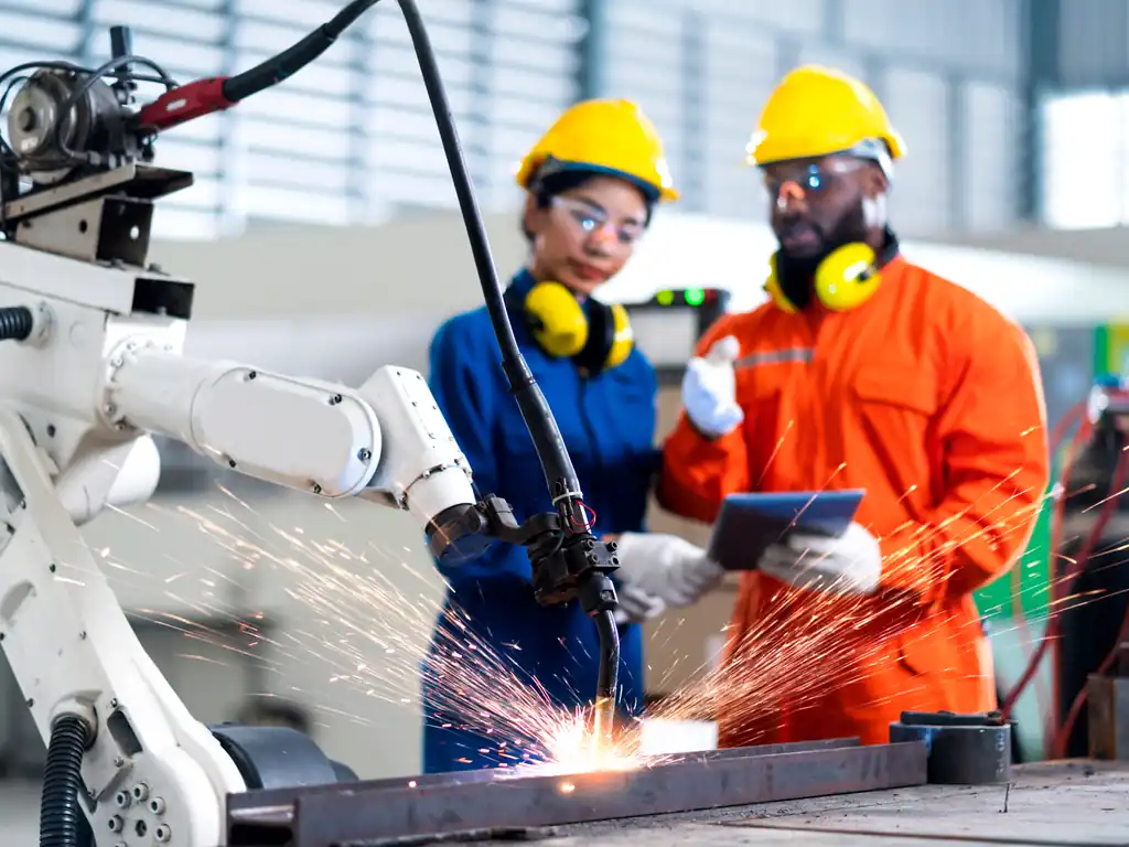 Factory technicians in hard hats overseeing a robotic welding arm on a production line.
