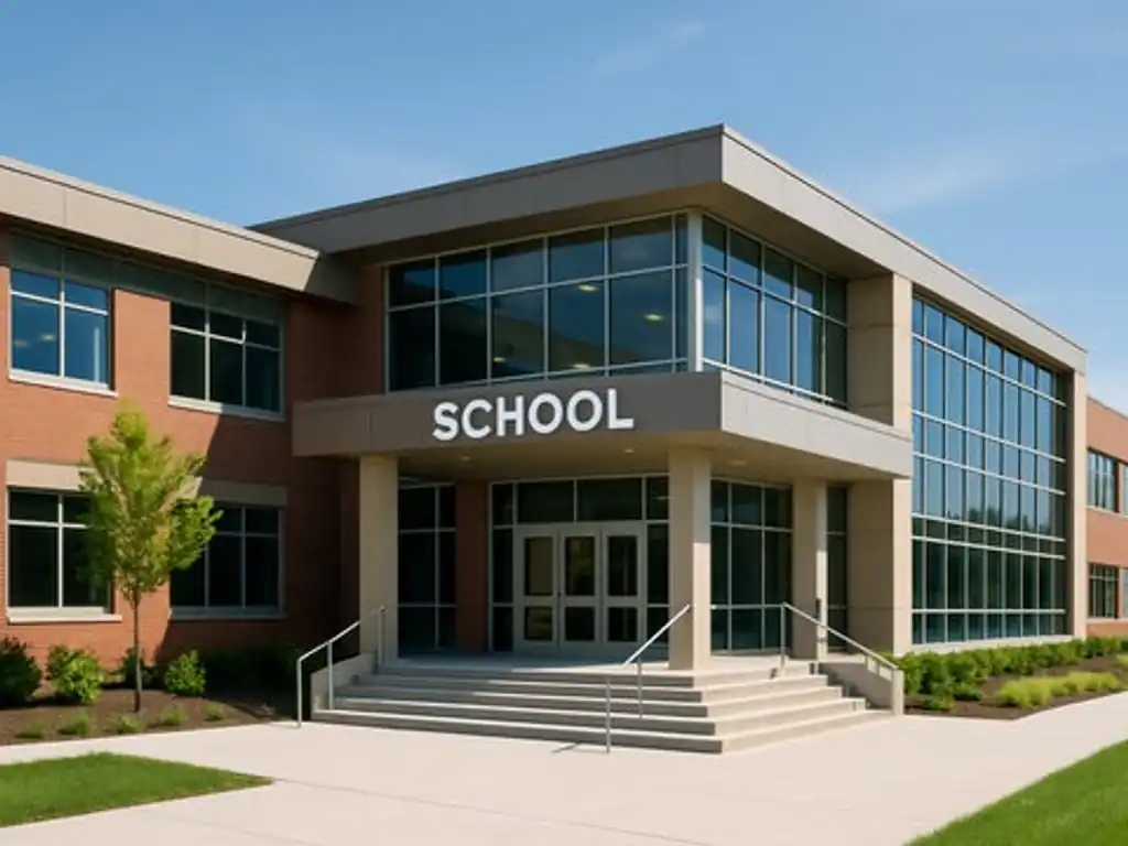 A modern school building with a bright entrance and clear blue sky.