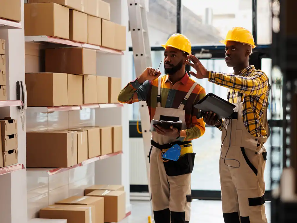 Two warehouse workers in hard hats counting stacked stock boxes with a tablet and clipboard.