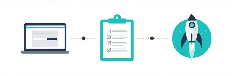 Onboarding flow — sign up on a laptop, complete a setup checklist, then go live.